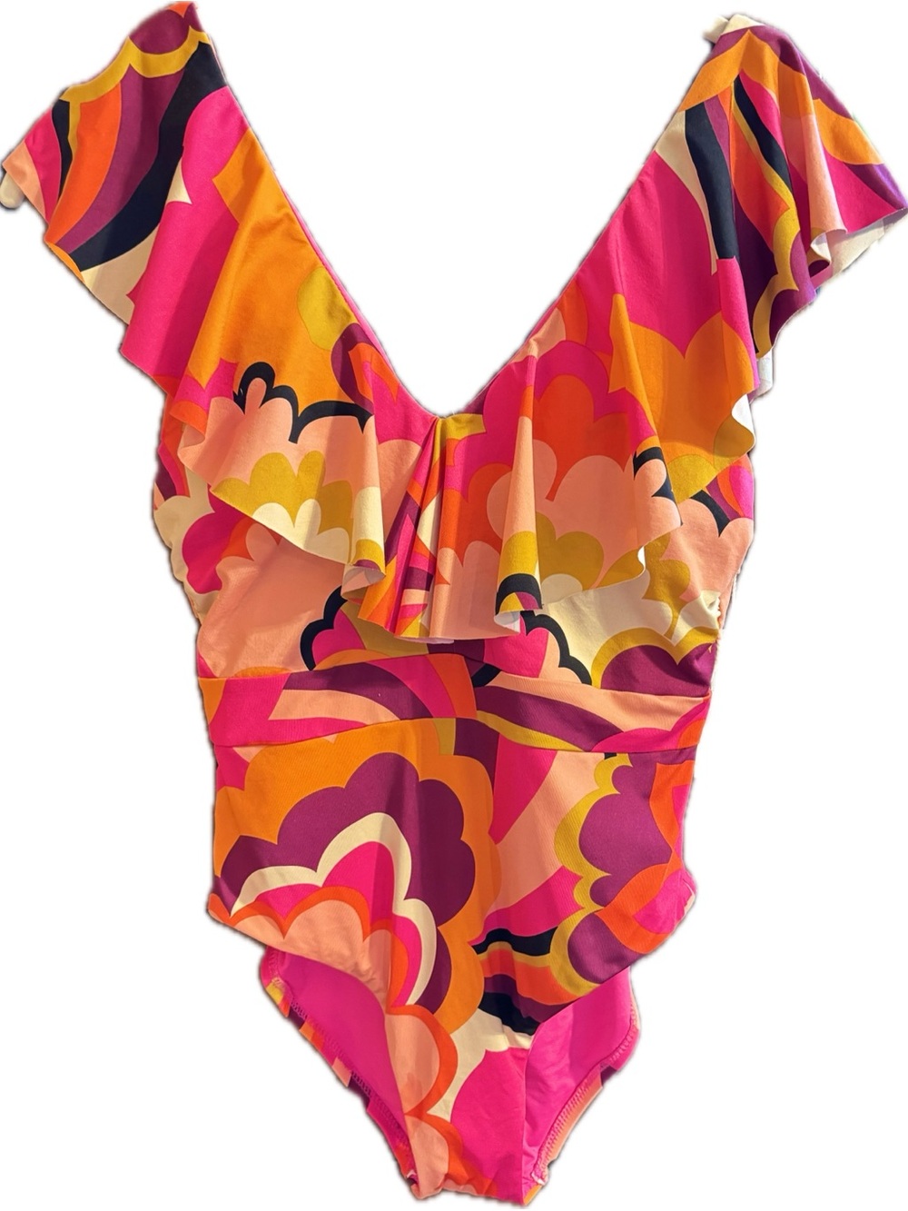 Trina Turk Fan Faire Sz 6 Ruffled Plunge One-Piece Swimsuit Pink Orange NWT - Picture 1 of 9
